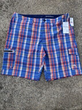 Tommy Bahama Blue Plaid Swim Board Shorts with Orange & White Accents